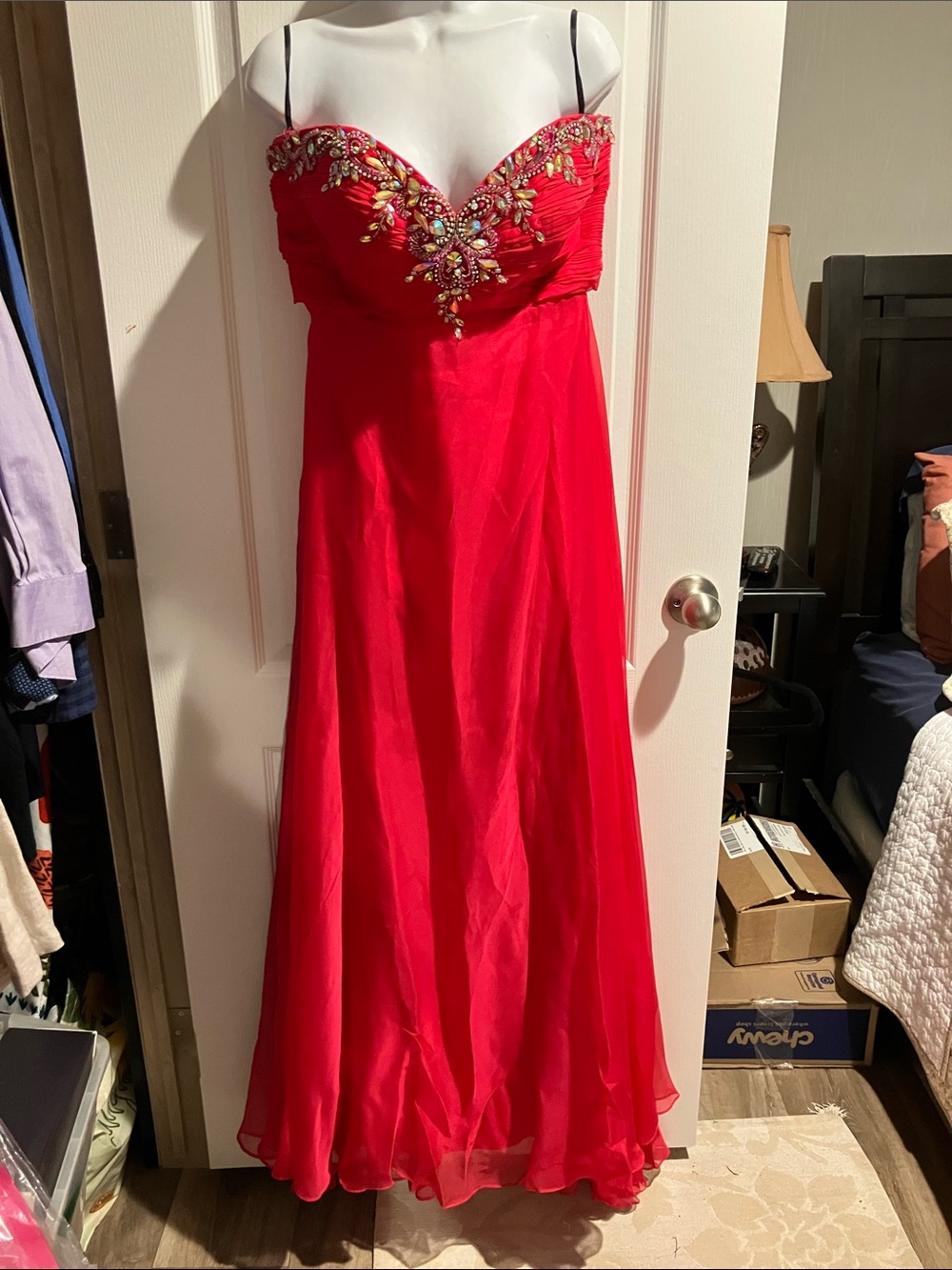 Red Strapless Embellished Evening Gown